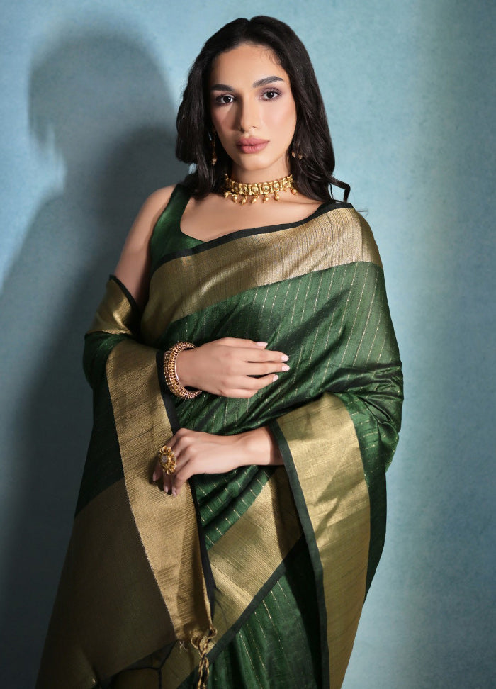 Bottle Green Dupion Silk Saree With Blouse Piece