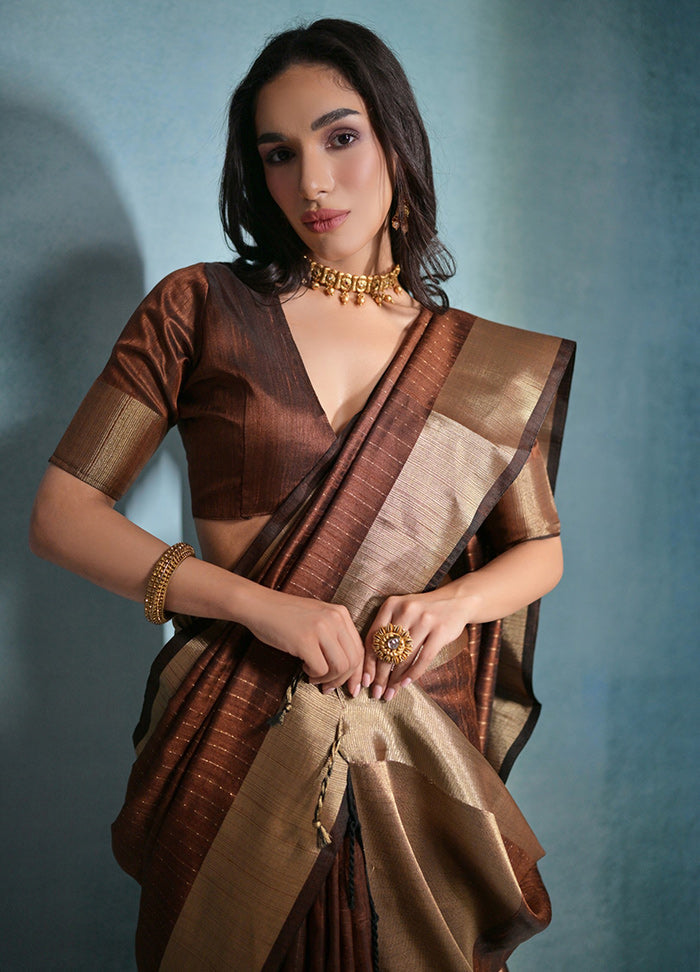 Coffee Dupion Silk Saree With Blouse Piece