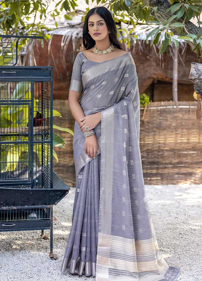 Grey Cotton Saree With Blouse Piece