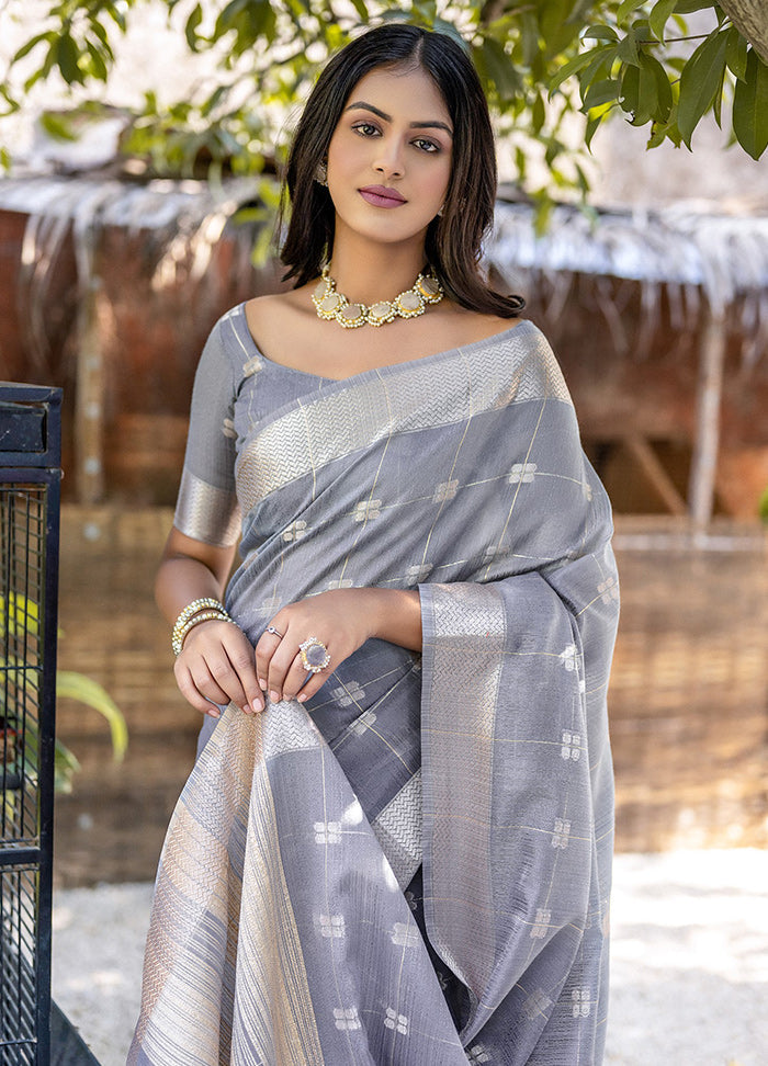 Grey Cotton Saree With Blouse Piece