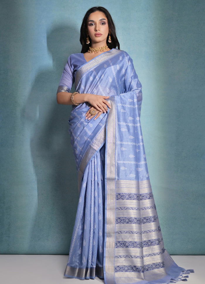 Blue Dupion Silk Saree With Blouse Piece