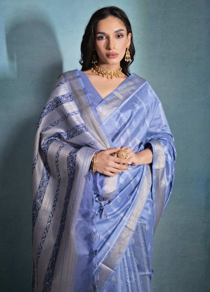 Blue Dupion Silk Saree With Blouse Piece