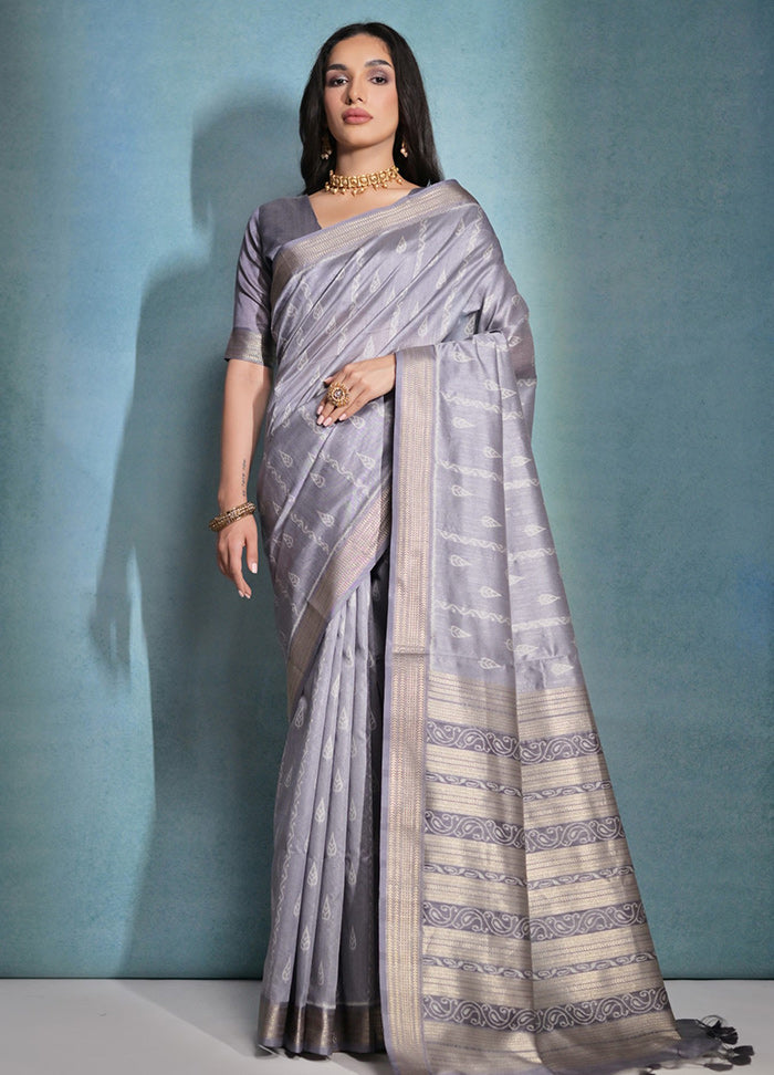 Grey Dupion Silk Saree With Blouse Piece