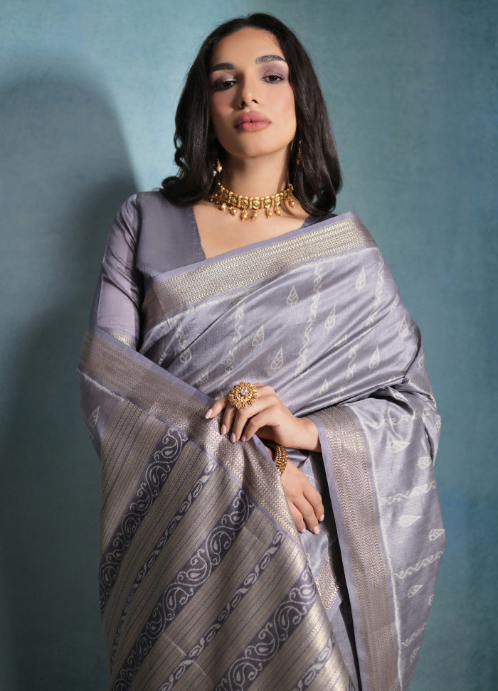 Grey Dupion Silk Saree With Blouse Piece