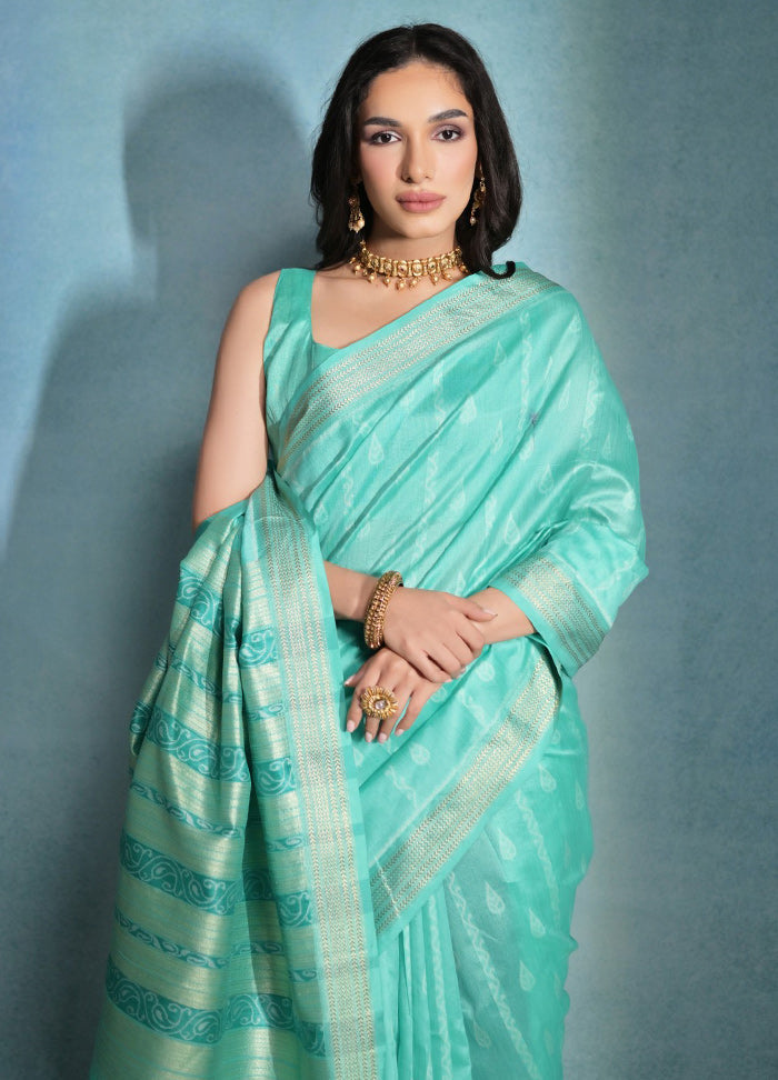 Sea Green Dupion Silk Saree With Blouse Piece