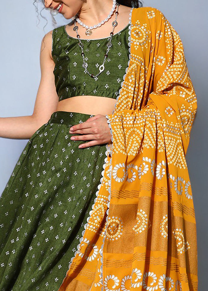 Dark Green Silk Readymade Lehenga With Dupatta