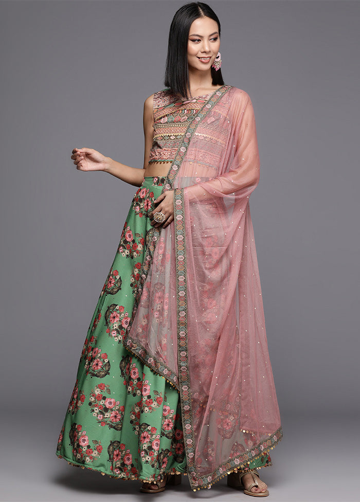 Green Silk Readymade Lehenga With Dupatta