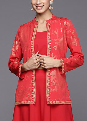 3 Pc Red Readymade Silk Top Set