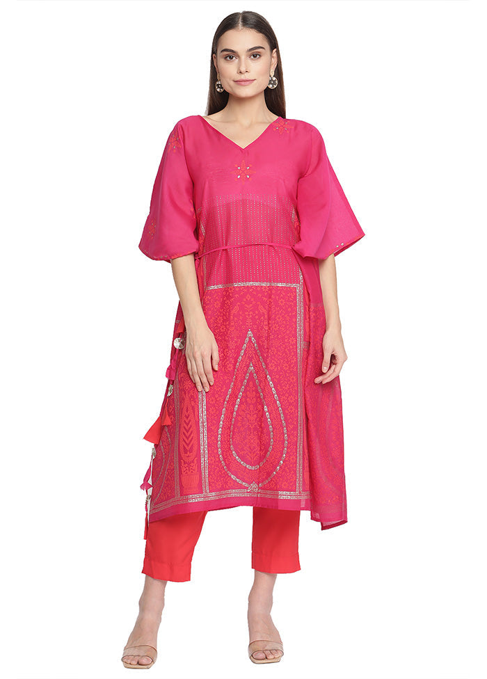 2 Pc Pink Readymade Chanderi Kurti Set