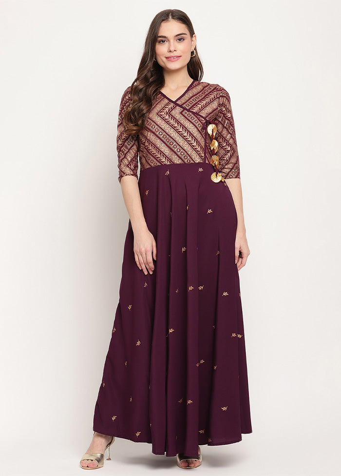 Wine Readymade Polyester Indian Dress