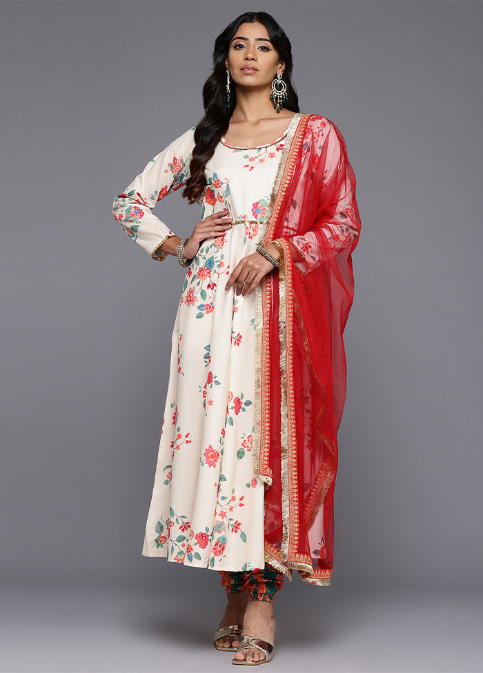 3 Pc Off White Readymade Silk Dupatta Suit Set