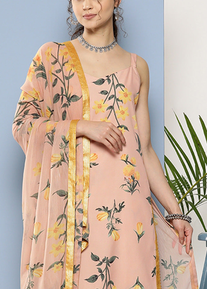 3 Pc Beige Readymade Silk Dupatta Suit Set