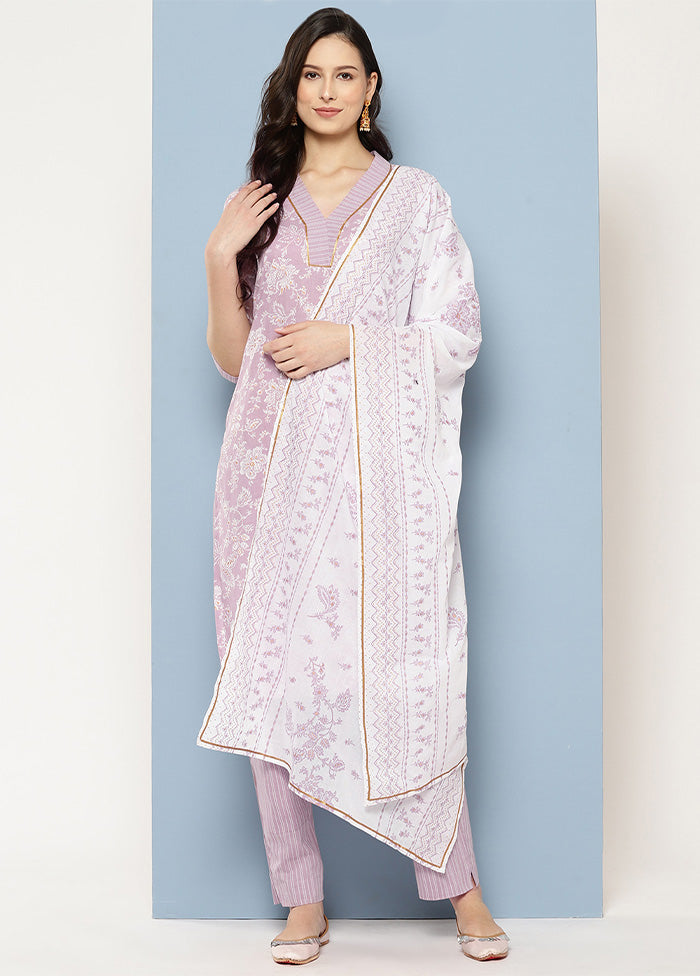 3 Pc Lavender Pure Readymade Cotton Dupatta Suit Set