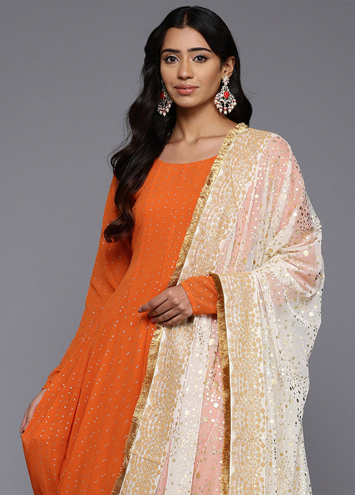 3 Pc Orange Readymade Georgette Dupatta Suit Set