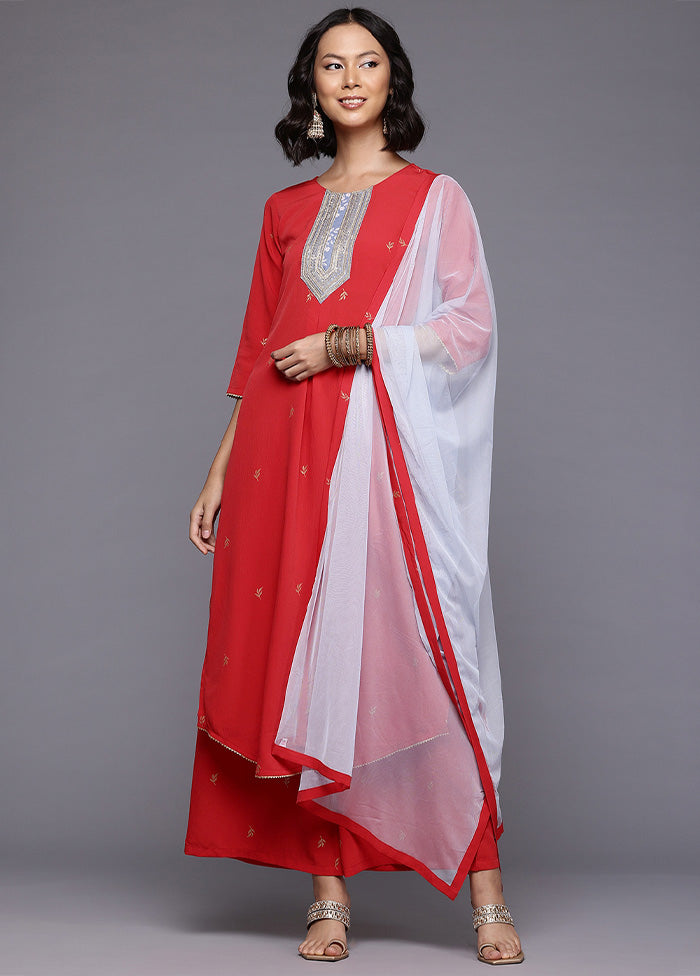 3 Pc Red Readymade Silk Dupatta Suit Set