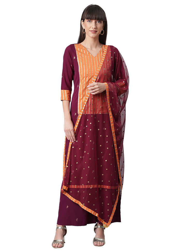 3 Pc Burgundy Readymade Silk Dupatta Suit Set