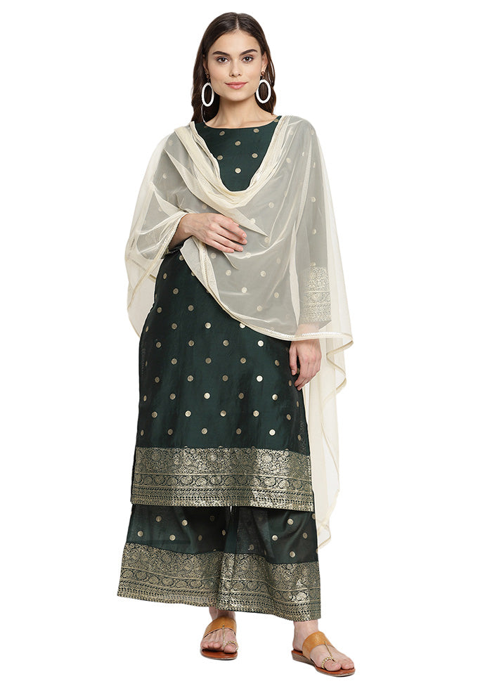 3 Pc Green Readymade Chanderi Dupatta Suit Set