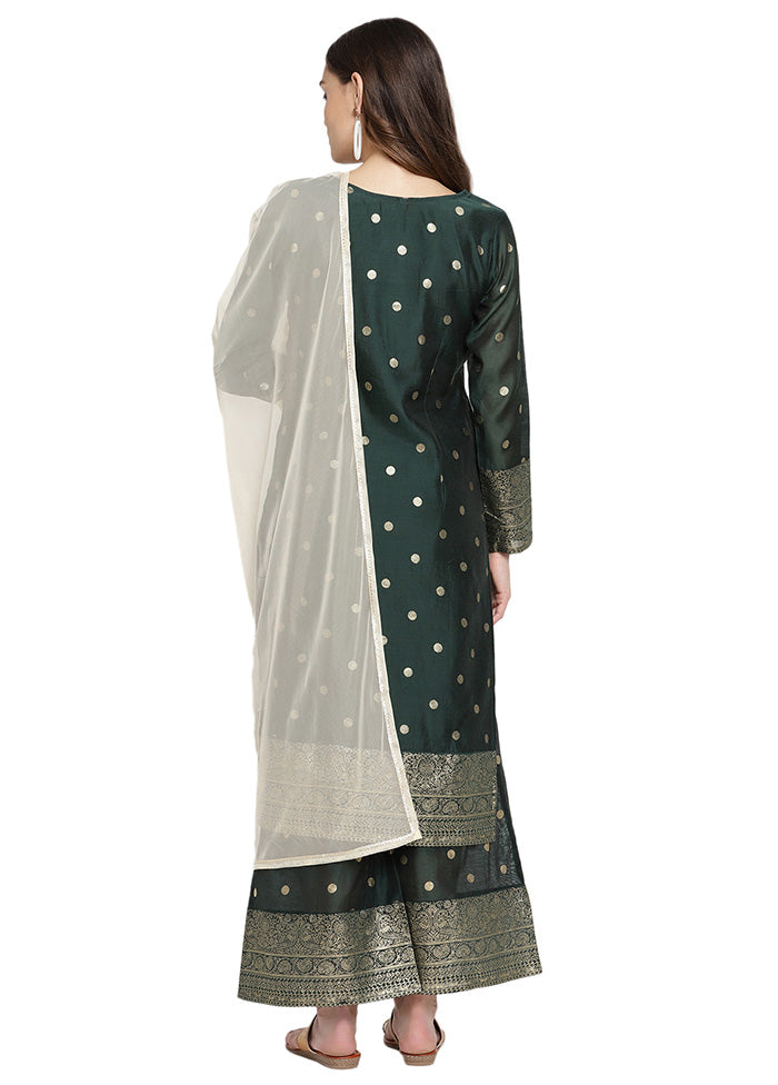 3 Pc Green Readymade Chanderi Dupatta Suit Set