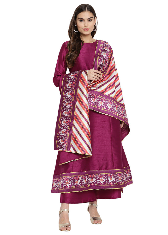 3 Pc Purple Readymade Silk Dupatta Suit Set