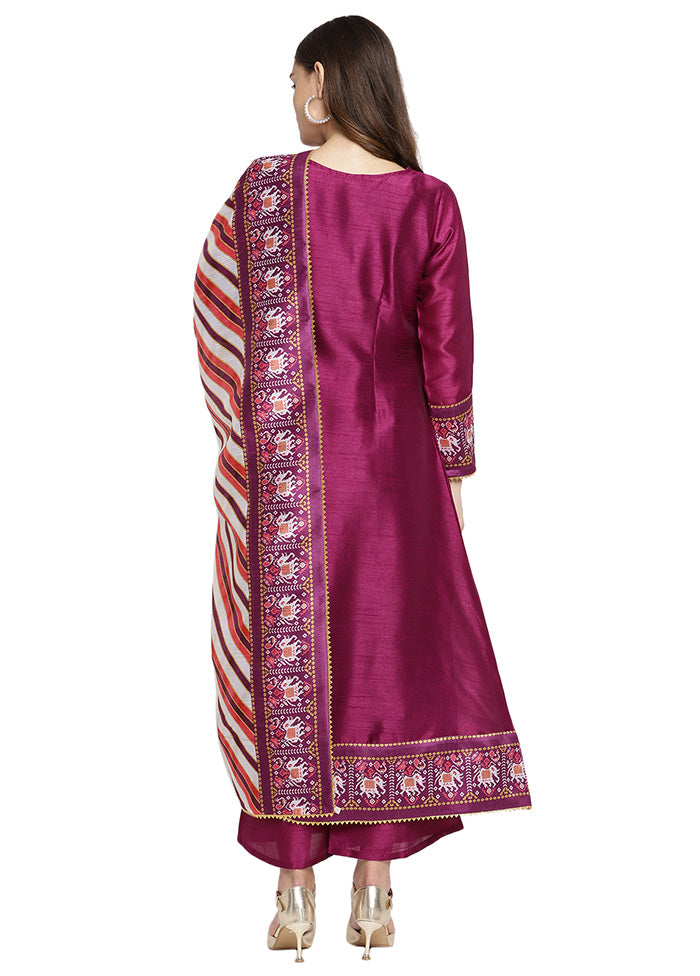 3 Pc Purple Readymade Silk Dupatta Suit Set