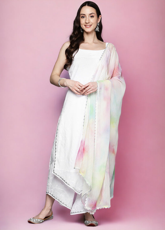 3 Pc White Pure Readymade Cotton Dupatta Suit Set