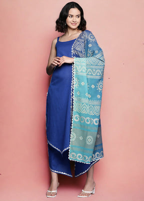 3 Pc Blue Pure Readymade Cotton Dupatta Suit Set