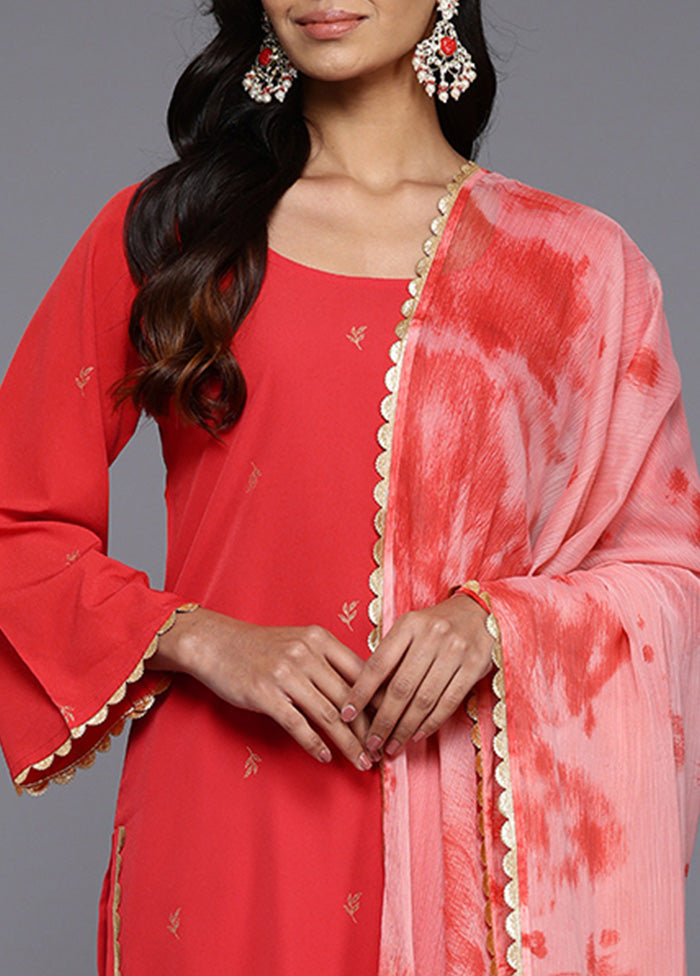 3 Pc Red Readymade Silk Dupatta Suit Set