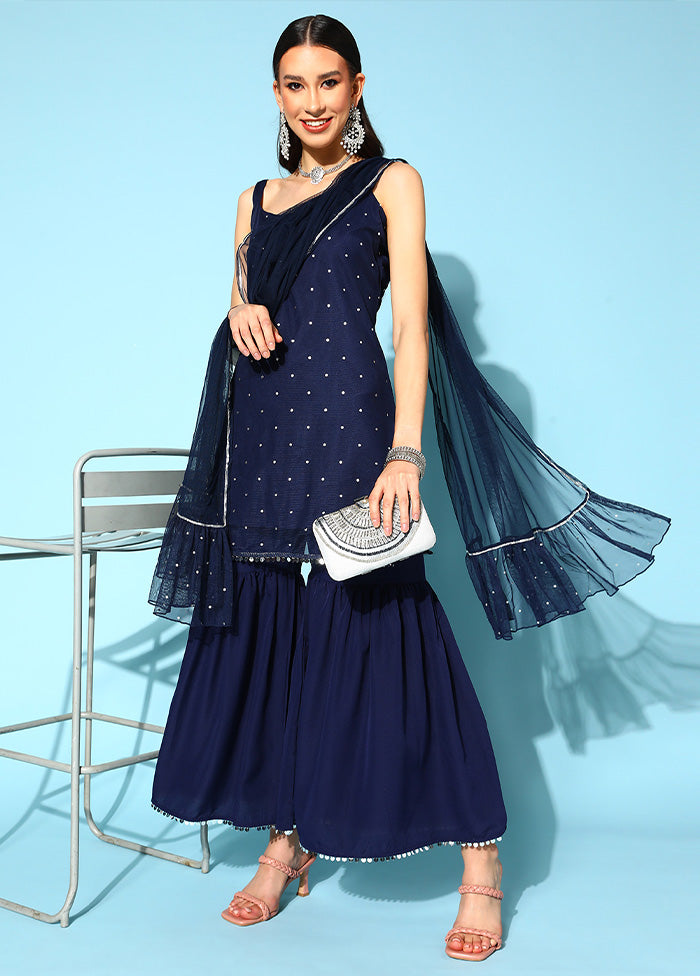 3 Pc Navy Blue Readymade Silk Dupatta Suit Set