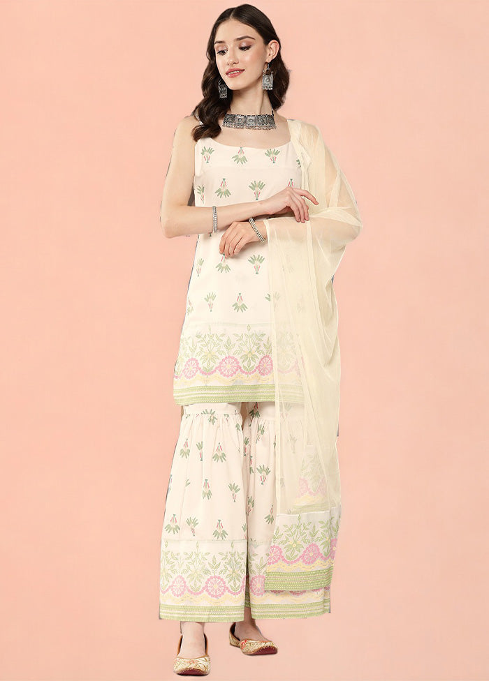 3 Pc Off White Readymade Silk Dupatta Suit Set