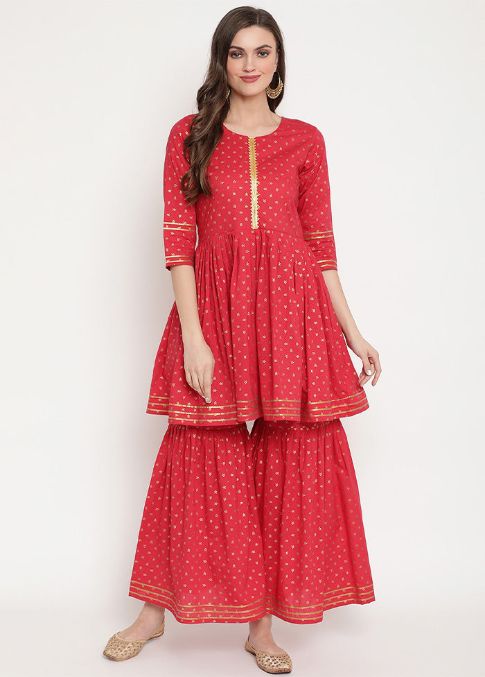 2 Pc Red Pure Readymade Cotton Kurti Set