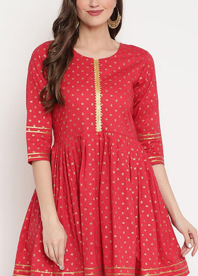 2 Pc Red Pure Readymade Cotton Kurti Set