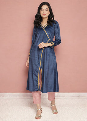 2 Pc Navy Blue Readymade Velvet Kurti Set