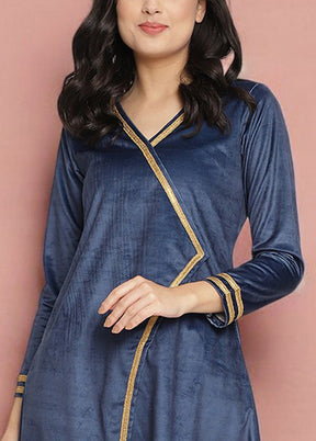 2 Pc Navy Blue Readymade Velvet Kurti Set