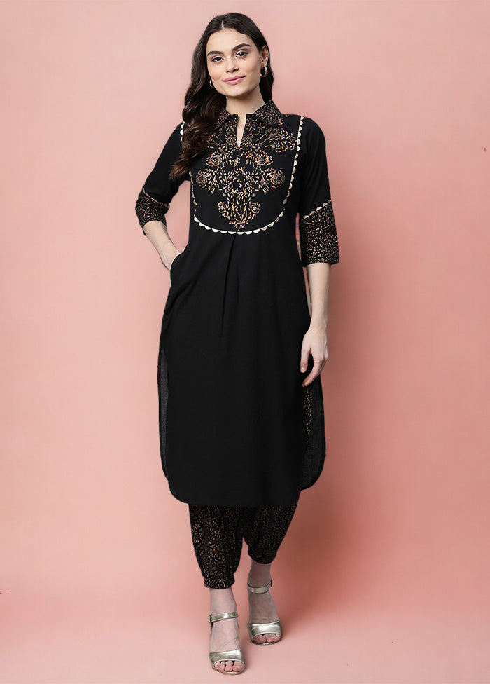 2 Pc Black Pure Readymade Cotton Kurti Set