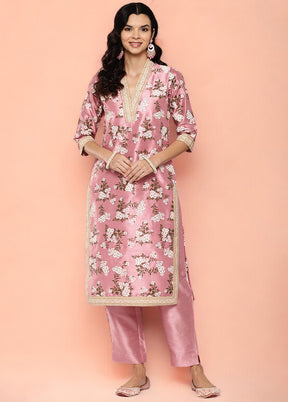 2 Pc Pink Readymade Silk Kurti Set