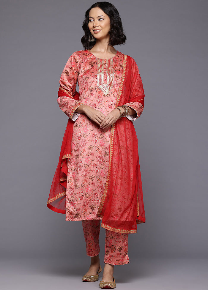 3 Pc Peach Readymade Velvet Dupatta Suit Set