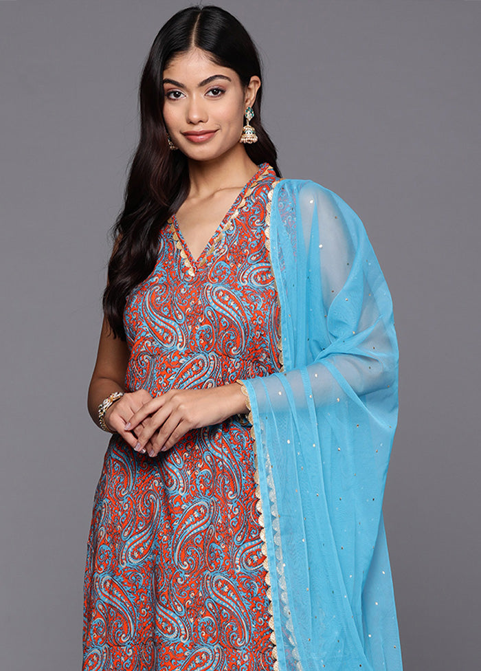 3 Pc Teal Blue Readymade Viscose Dupatta Suit Set