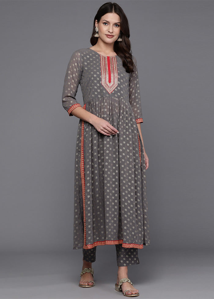 2 Pc Grey Readymade Georgette Kurti Set