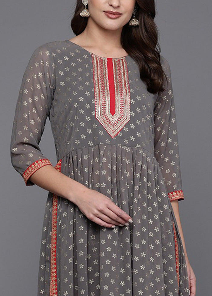 2 Pc Grey Readymade Georgette Kurti Set