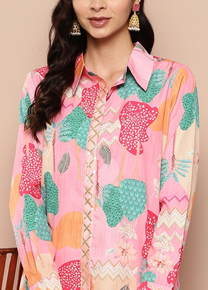 2 Pc Pink Readymade Silk Shirt Set