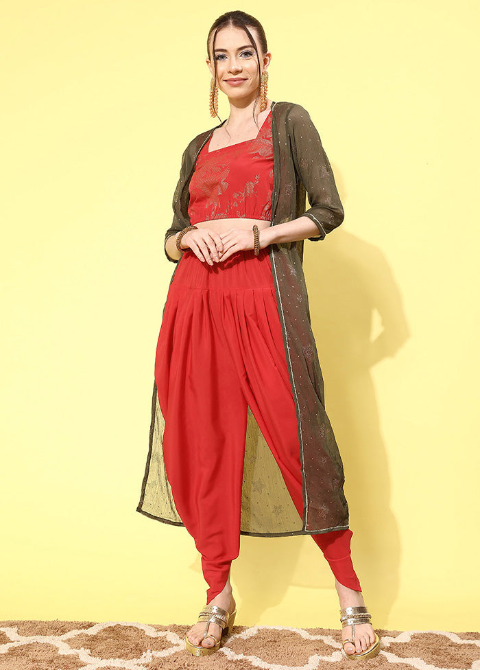 3 Pc Red Readymade Silk Top Set