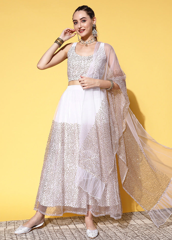 White Net Readymade Lehenga With Dupatta