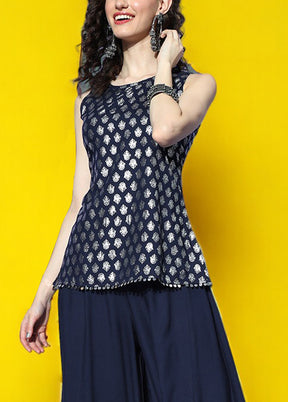 2 Pc Navy Blue Readymade Rayon Top Set