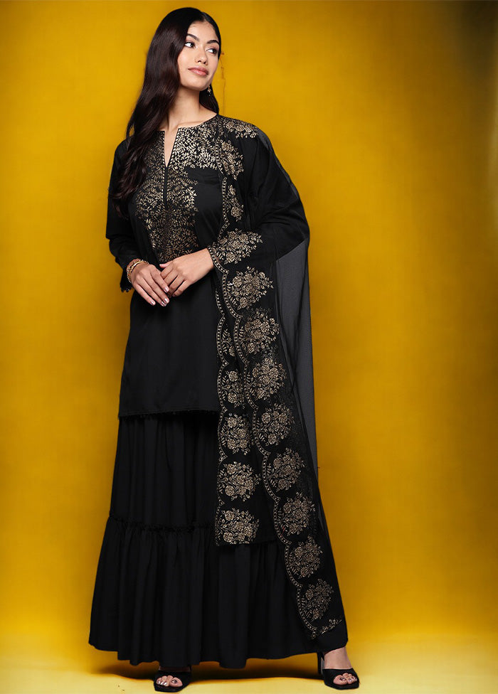 3 Pc Black Readymade Silk Dupatta Suit Set