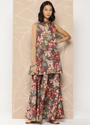 2 Pc Brown Readymade Silk Tunic Set