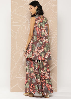 2 Pc Brown Readymade Silk Tunic Set