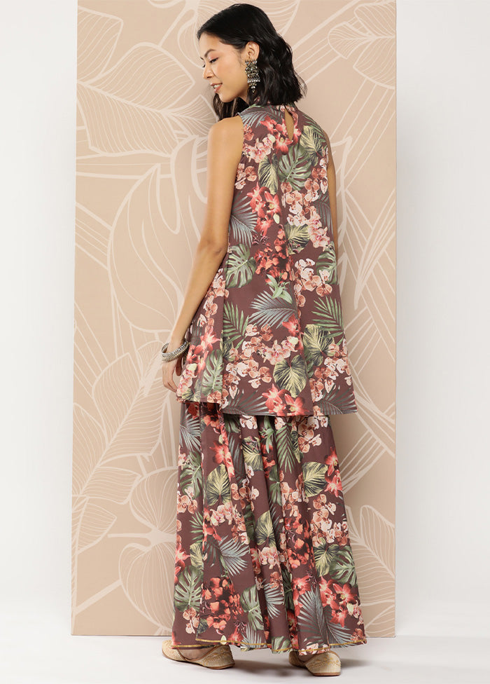 2 Pc Brown Readymade Silk Tunic Set