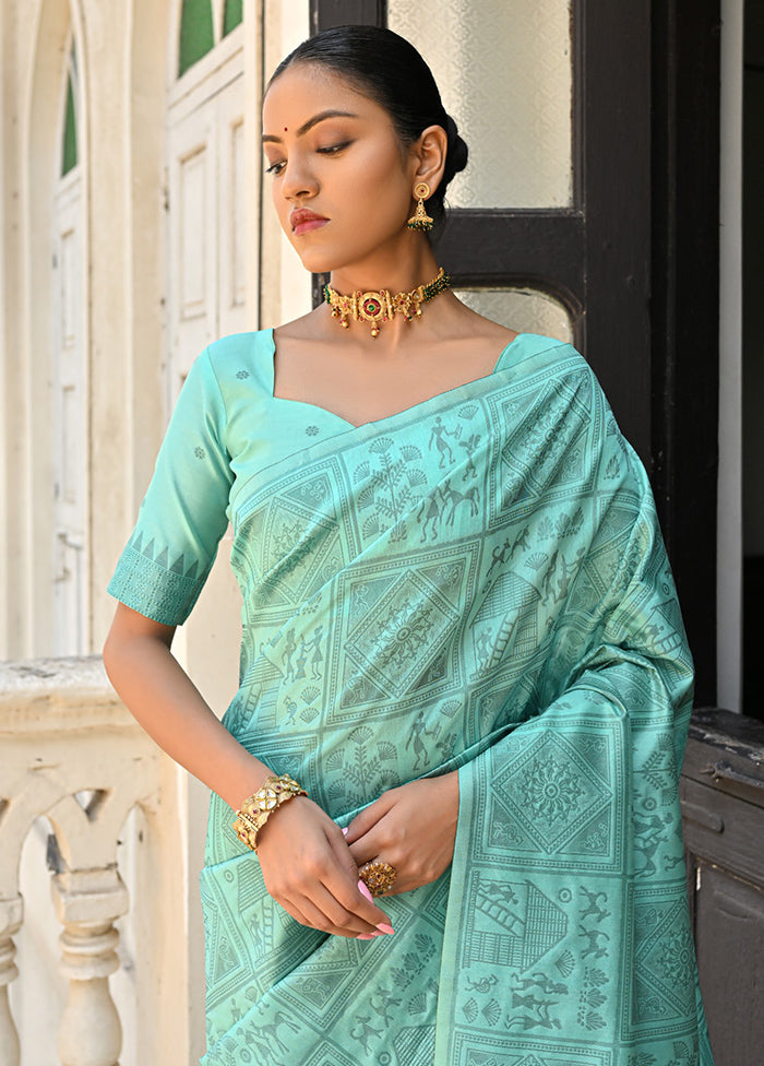 Sea Green Dupion Silk Saree With Blouse Piece