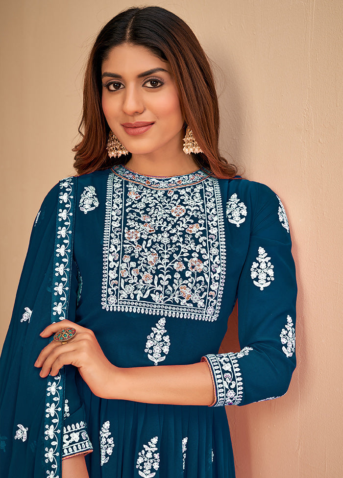 3 Pc Turquoise Unstitched Georgett Suit Set With Dupatta VDDIT2803232 - Indian Silk House Agencies