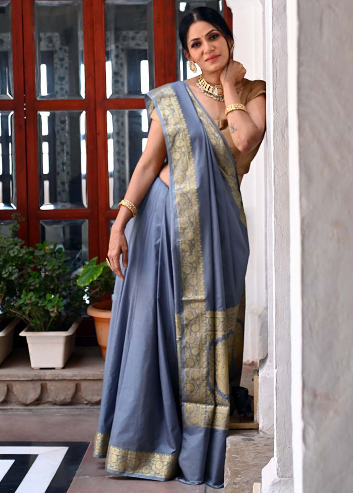 Grey Silk Saree With Blouse Piece - Indian Silk House Agencies